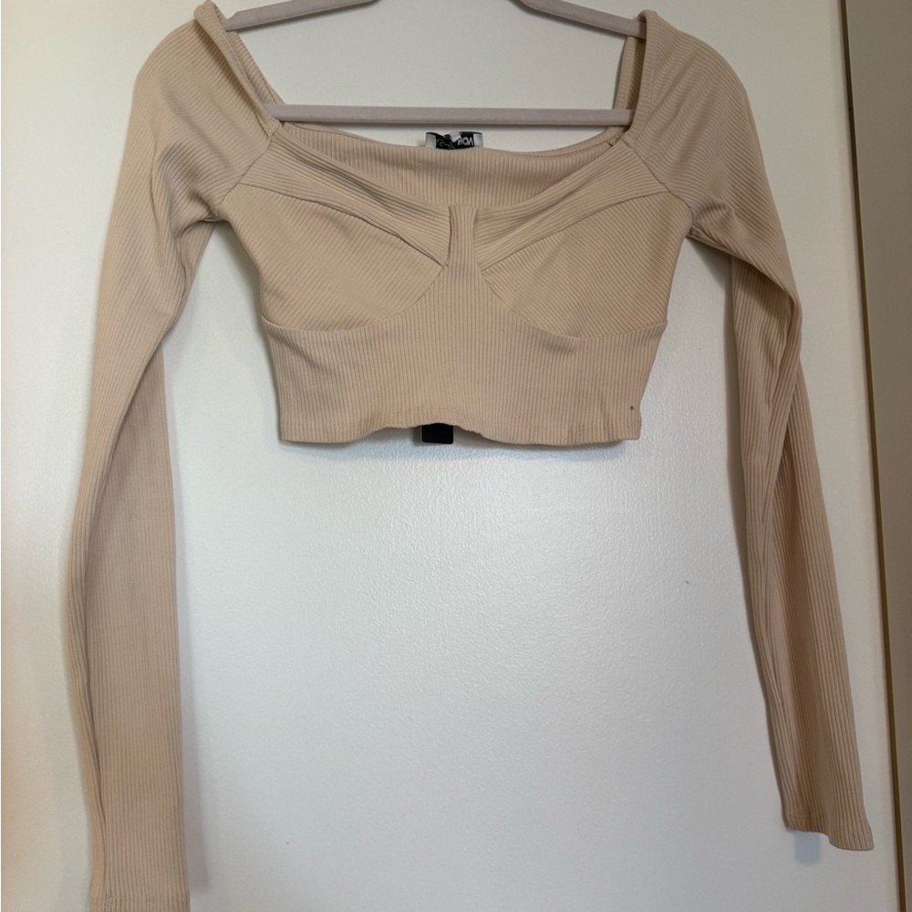 Beige Long Sleeve Ribbed Crop Top